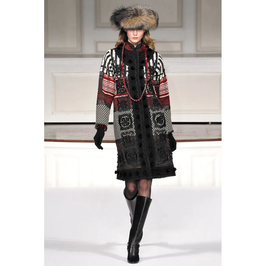 2011 Oscar de la Renta Vintage Mixed Pattern Red & Black Wool Coat with Pom Poms