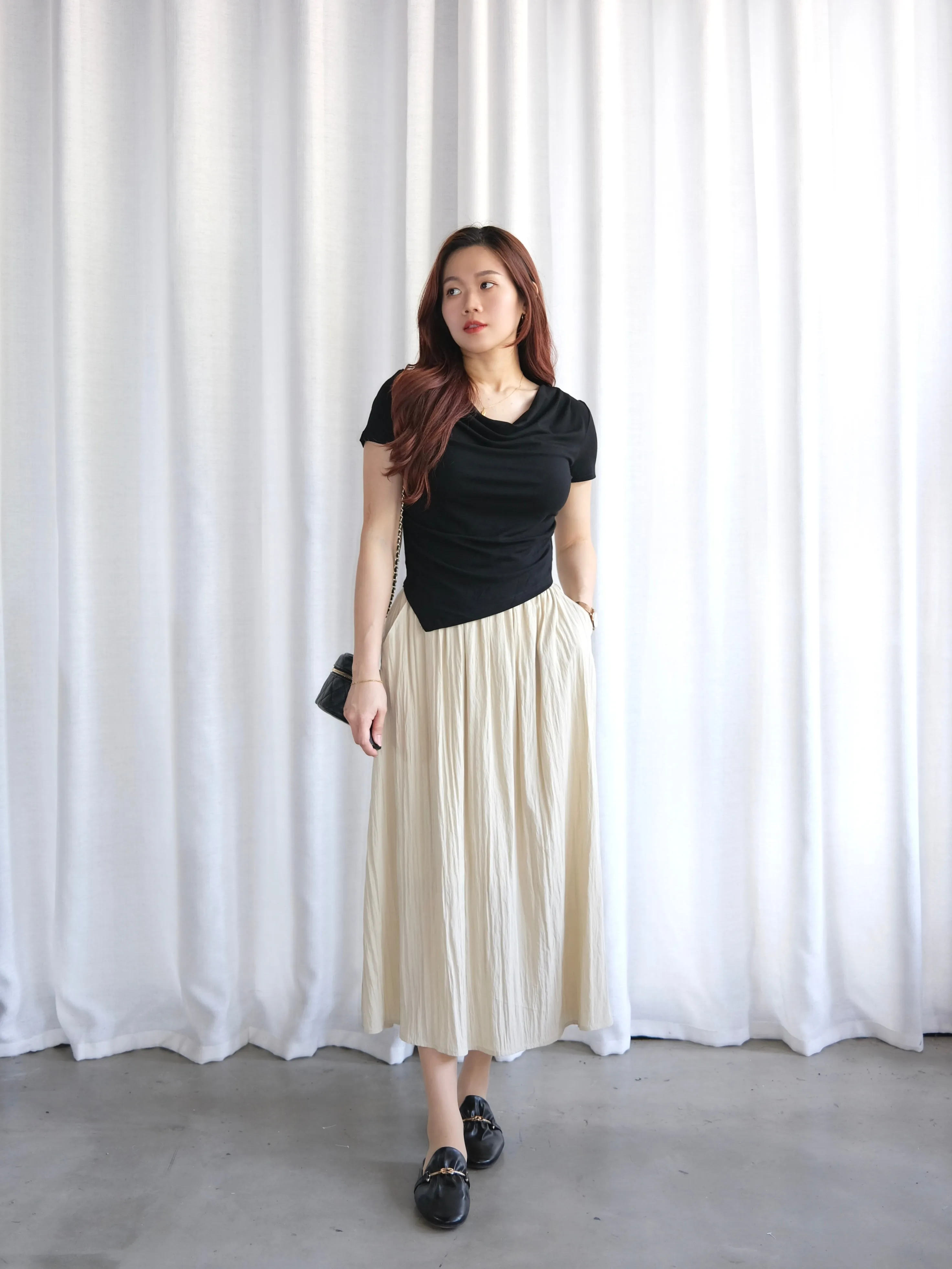 ACEWIN Elastic Waist Drawstring Pockets Midi Skirt (Free Size) 601308