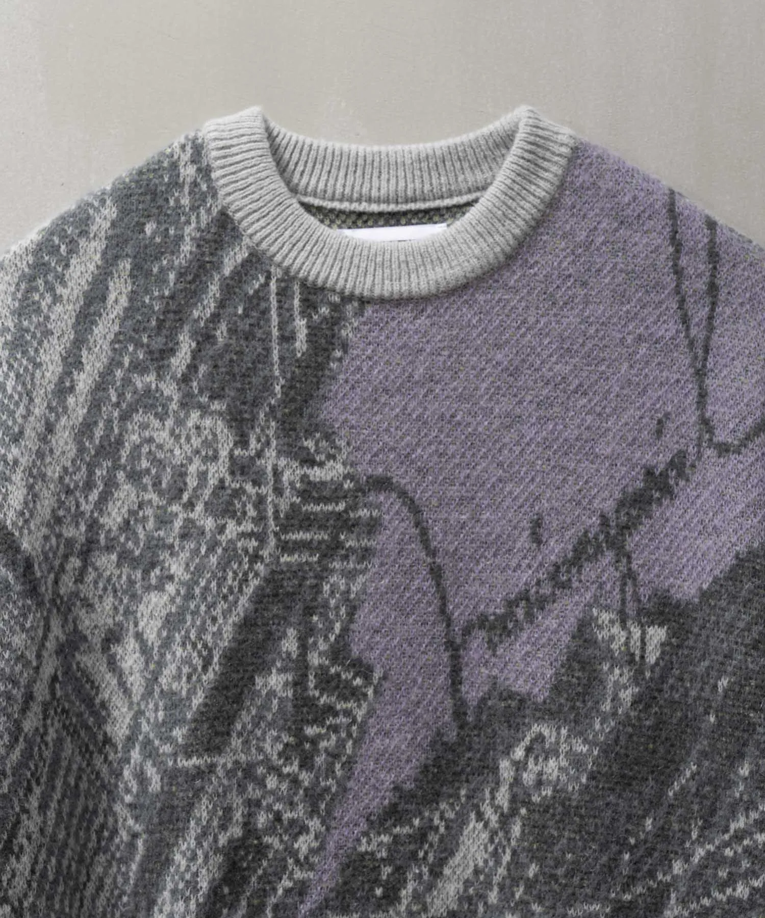 Airy Mohair Abstract Prime-Over Crew Neck Knit Pullover