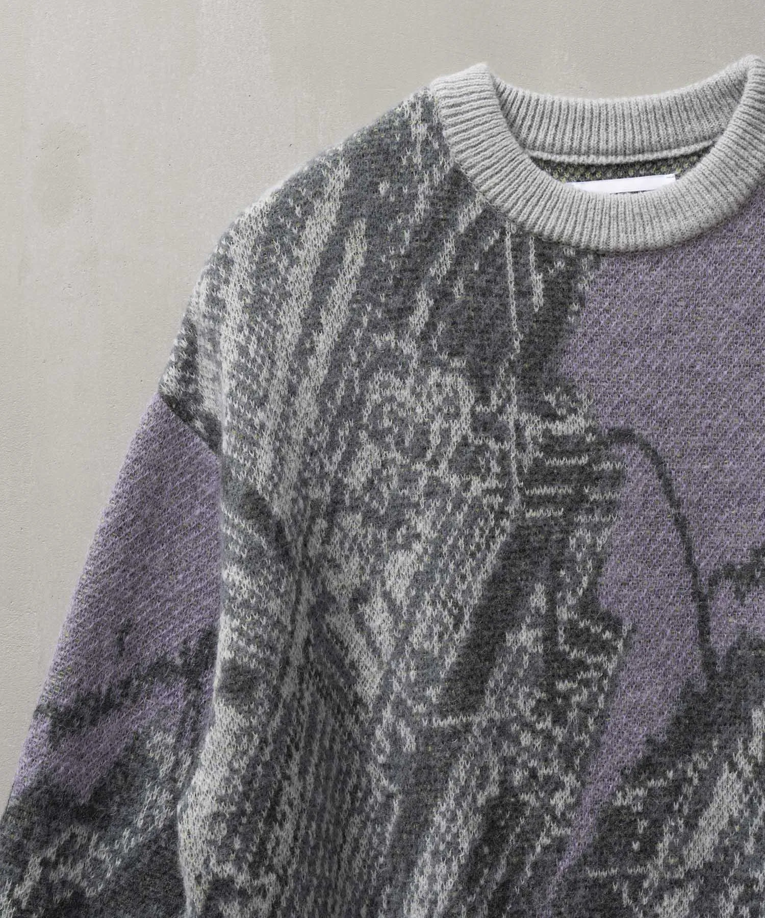 Airy Mohair Abstract Prime-Over Crew Neck Knit Pullover