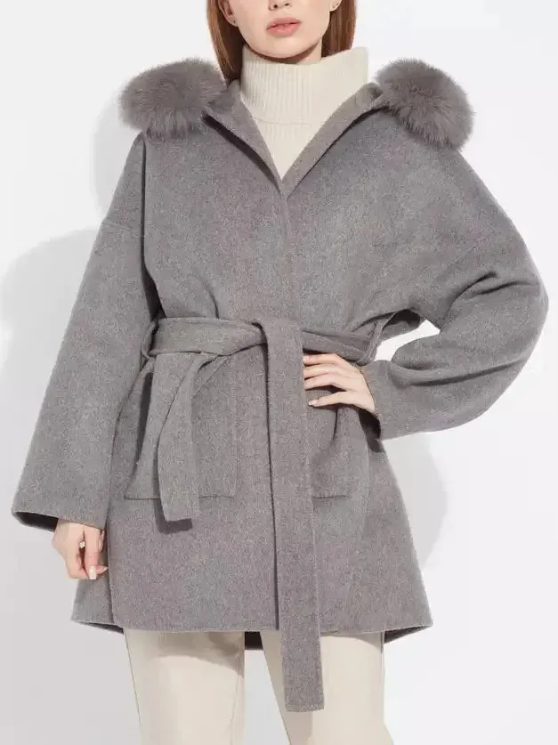 Belted Short Wool Cashmere Coat with Fur-Trim Hood in Grey