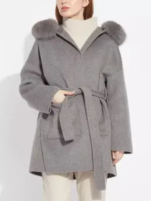 Belted Short Wool Cashmere Coat with Fur-Trim Hood in Grey