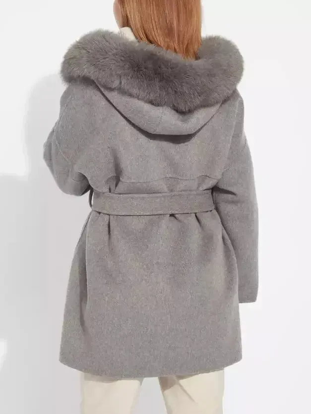 Belted Short Wool Cashmere Coat with Fur-Trim Hood in Grey