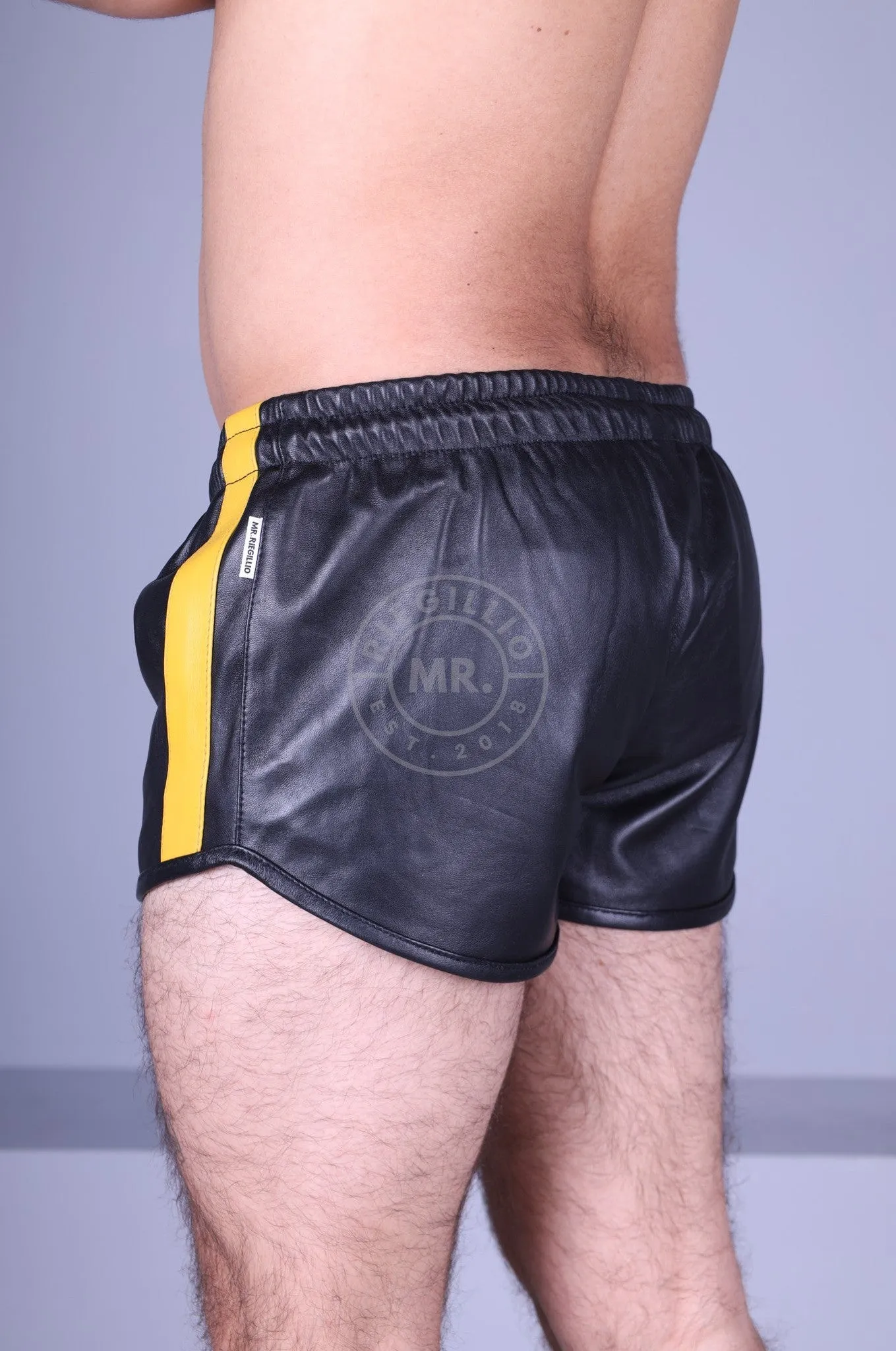 Black Leather Mini Short - YELLOW STRIPE