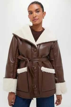 Brown and Ivory Vegan Leather Bonded Faux Fur Jacket