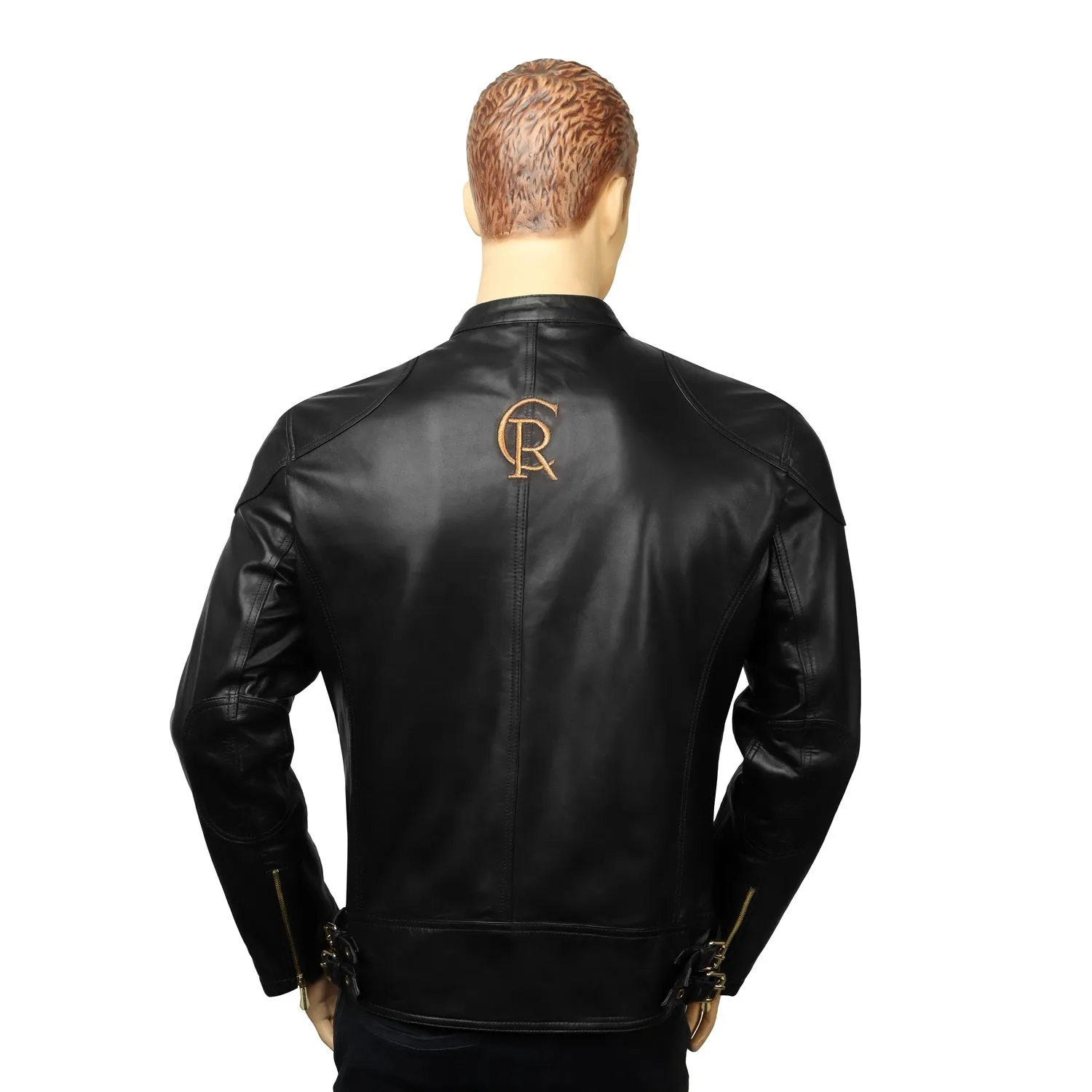 Customized "CR" Zardosi Initial Zip Closure Black Genuine Leather Biker Jacket by Brune & Bareskin