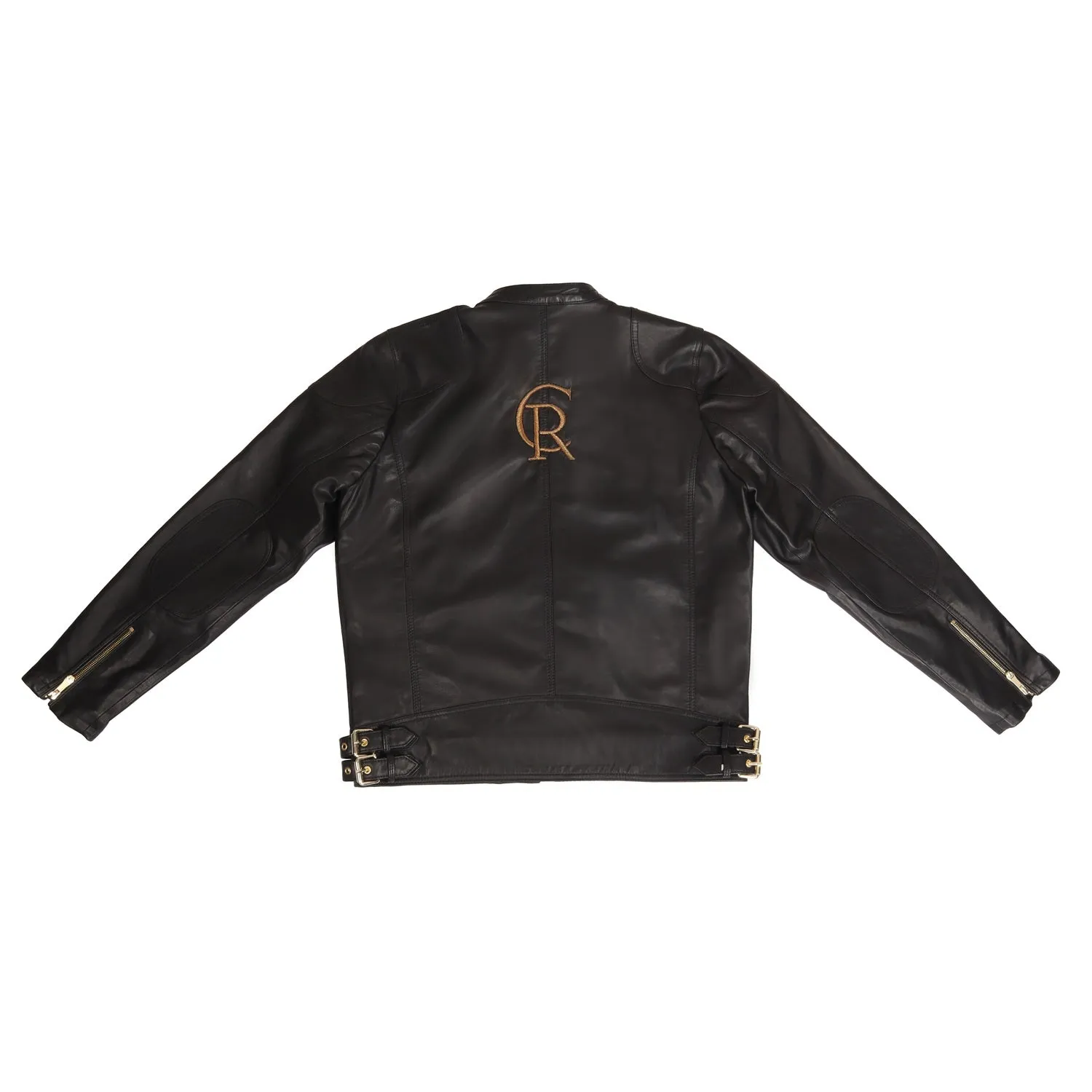 Customized "CR" Zardosi Initial Zip Closure Black Genuine Leather Biker Jacket by Brune & Bareskin