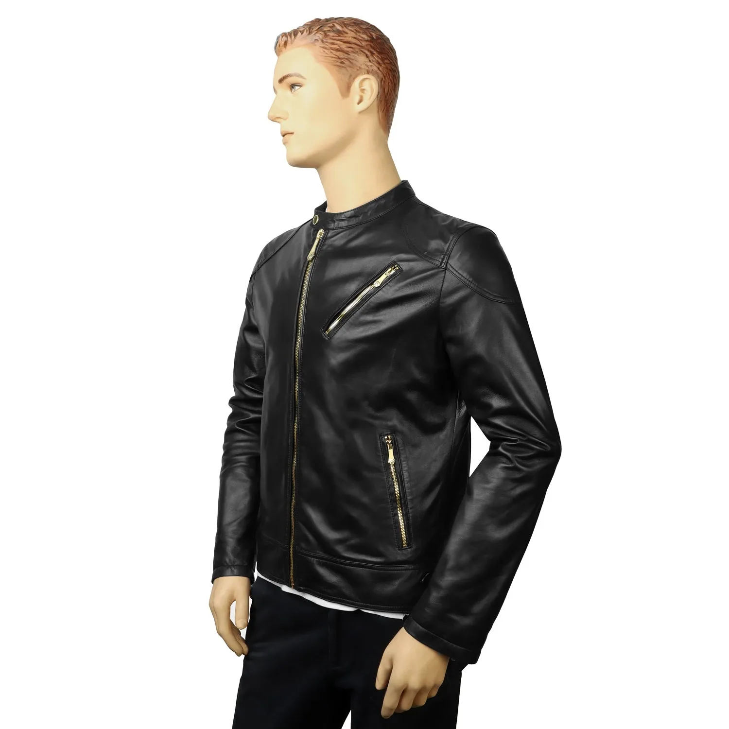 Customized "CR" Zardosi Initial Zip Closure Black Genuine Leather Biker Jacket by Brune & Bareskin