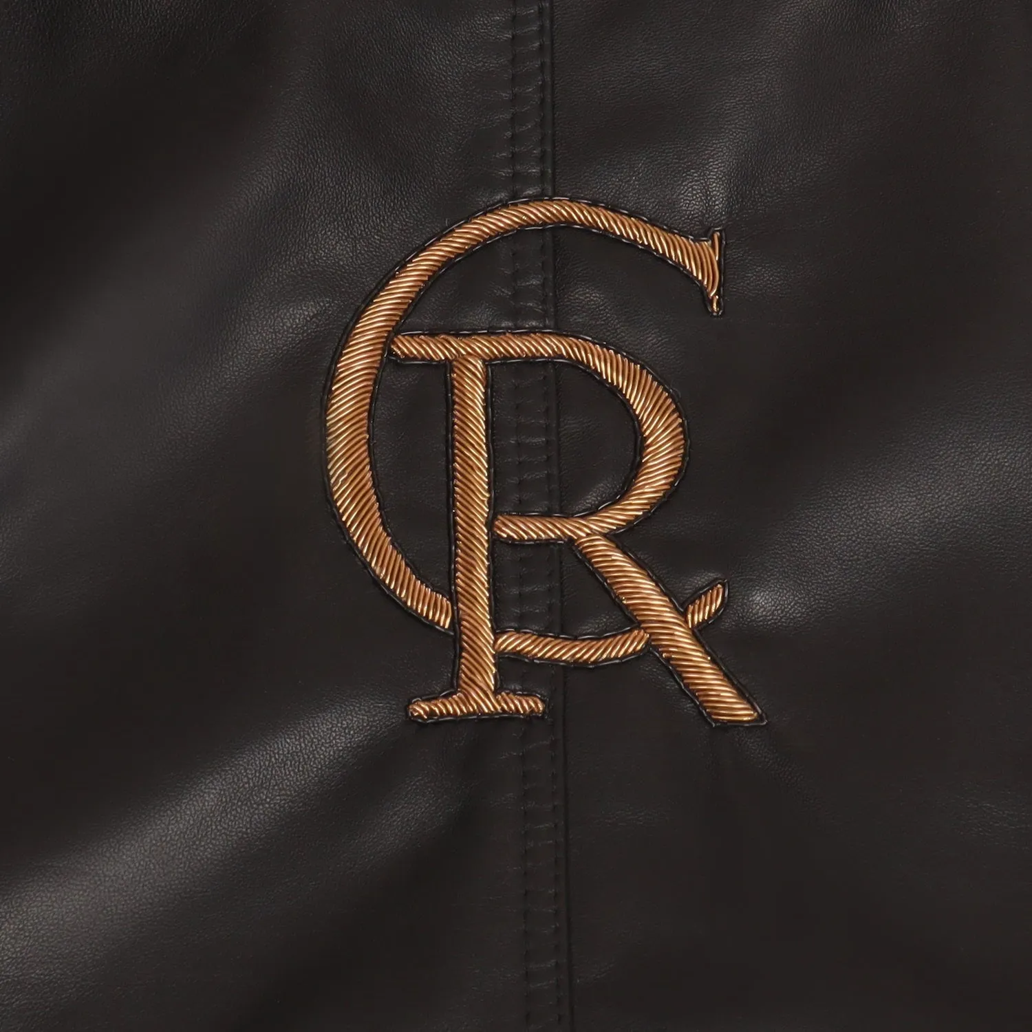 Customized "CR" Zardosi Initial Zip Closure Black Genuine Leather Biker Jacket by Brune & Bareskin