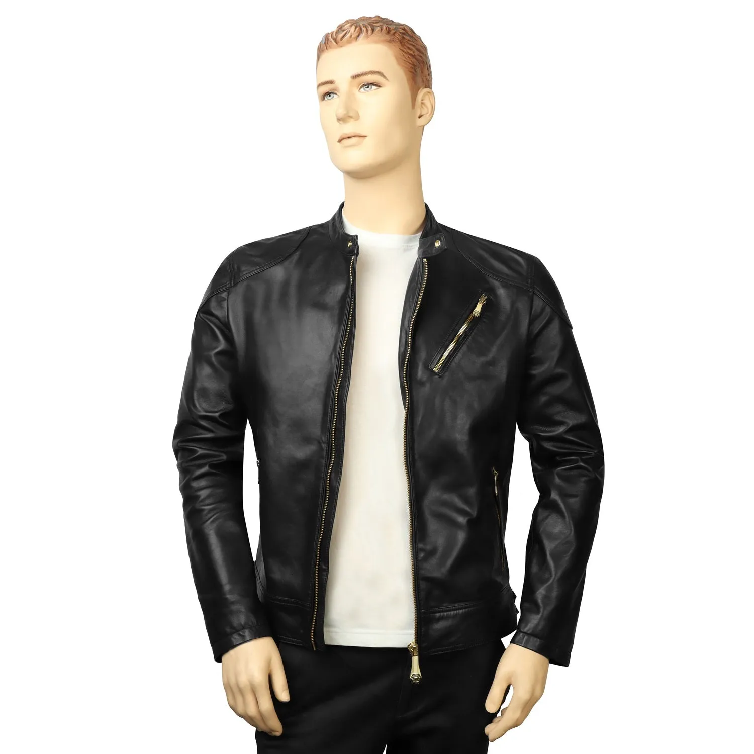 Customized "CR" Zardosi Initial Zip Closure Black Genuine Leather Biker Jacket by Brune & Bareskin