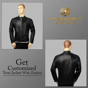 Customized "CR" Zardosi Initial Zip Closure Black Genuine Leather Biker Jacket by Brune & Bareskin