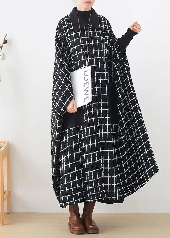 Fashion casual maxi coat outwear black white plaid lapel pockets Woolen Coats