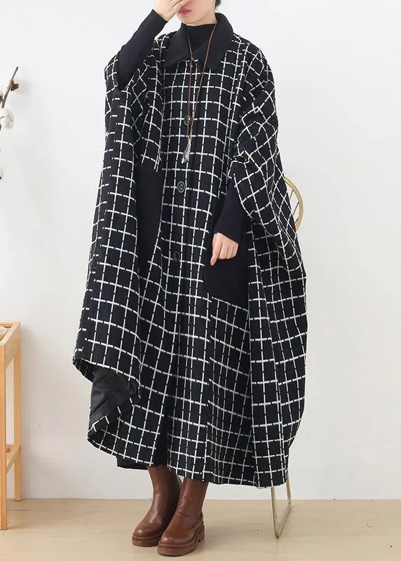 Fashion casual maxi coat outwear black white plaid lapel pockets Woolen Coats