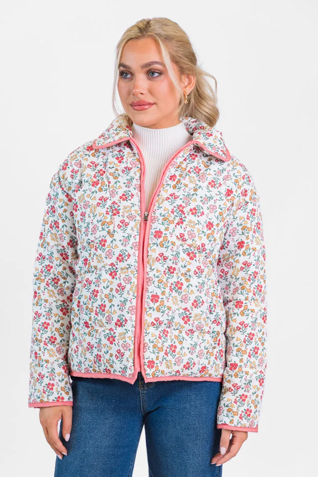 Field Of Florals Ivory and Pink Multi Quilted Floral Jacket SALE