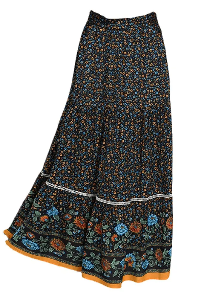 Floral Print Lace Patchwork Leisure Layered Elastic Waist Skirts For Women