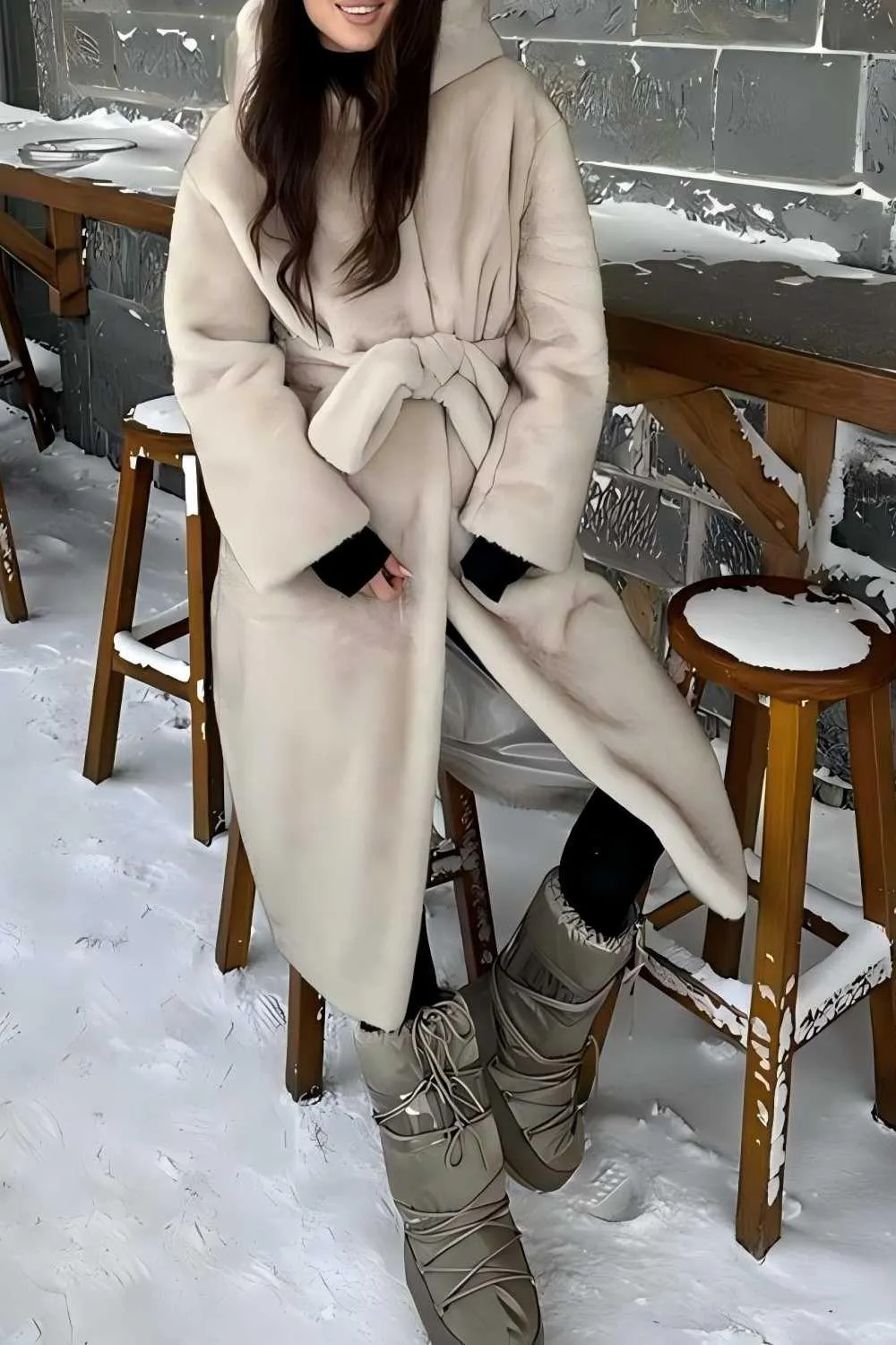 Grey Beige Long Shearling Fur with Belt Women's Coat