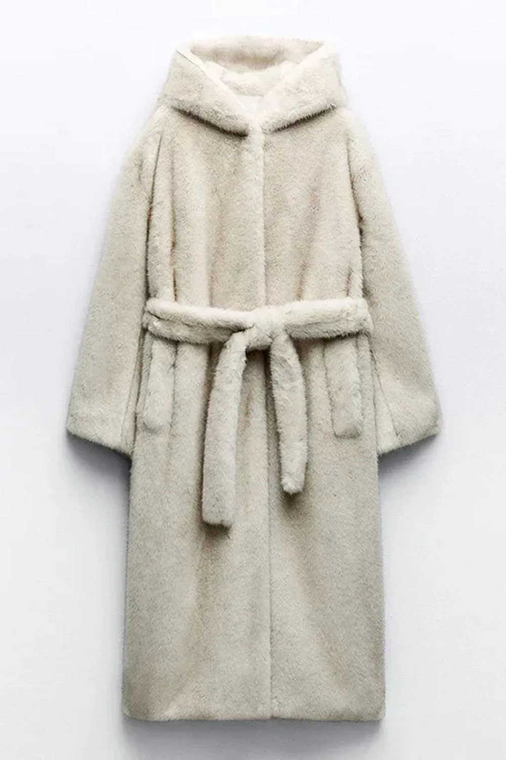 Grey Beige Long Shearling Fur with Belt Women's Coat