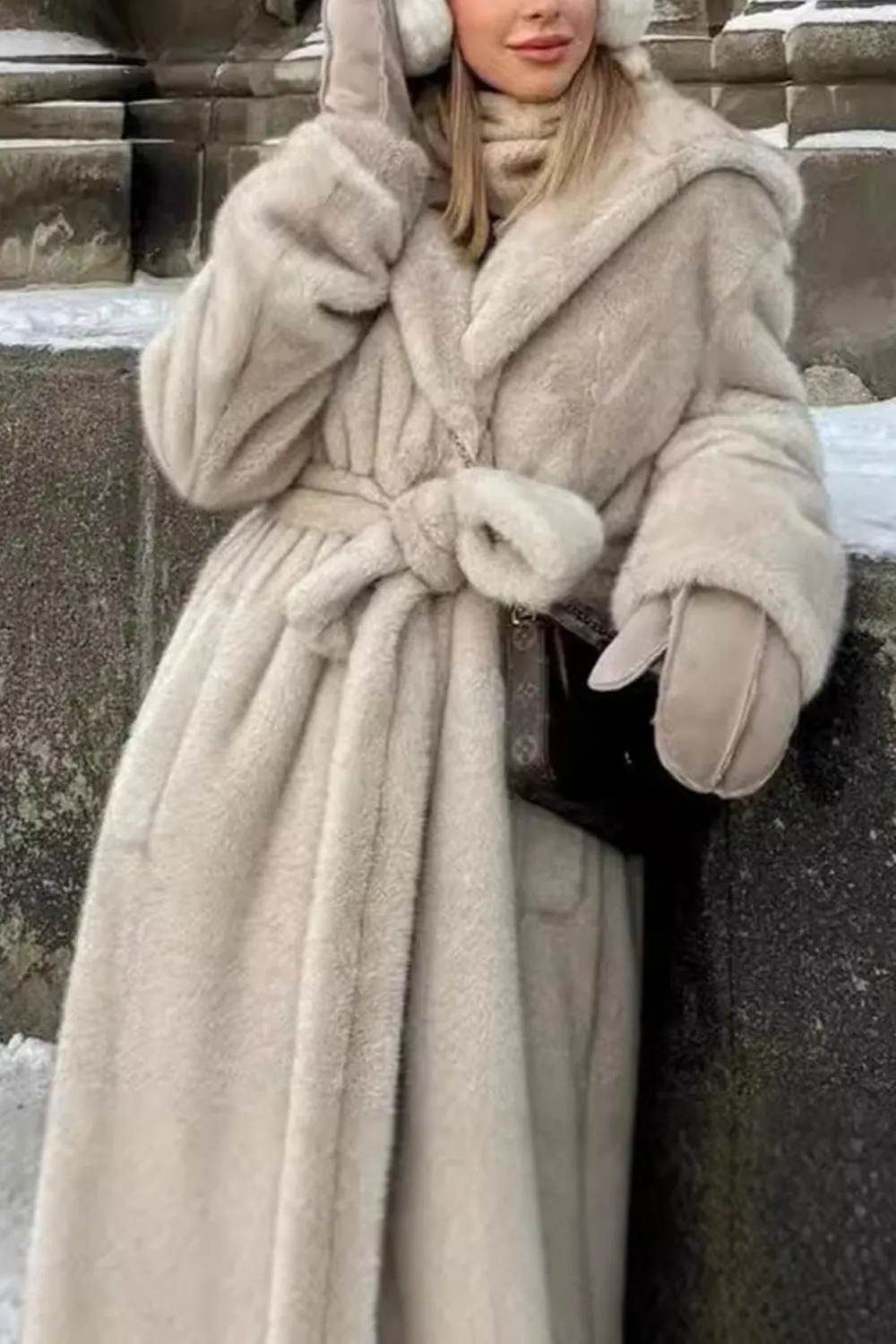 Grey Beige Long Shearling Fur with Belt Women's Coat