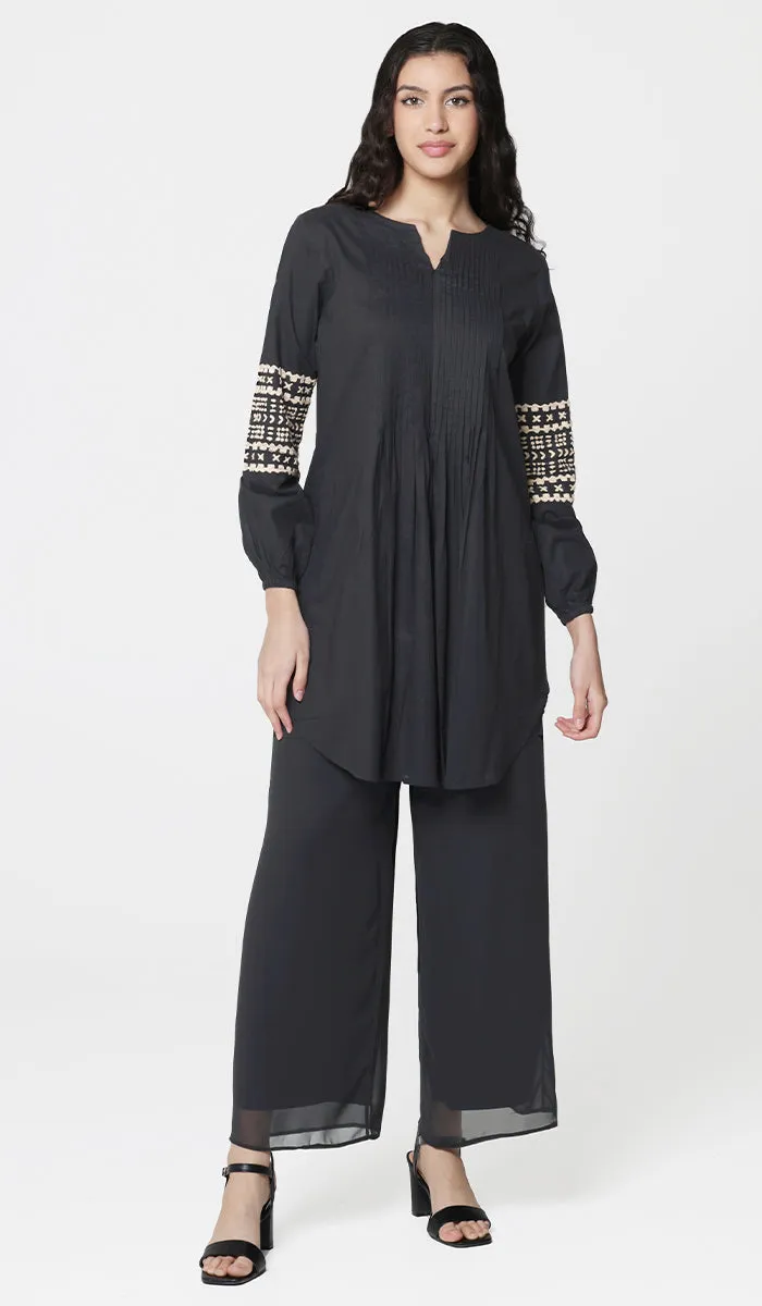 Hadiza Embroidered Cotton Modest Tunic - Black- Final Sale