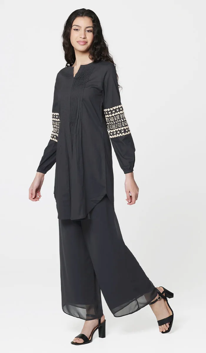 Hadiza Embroidered Cotton Modest Tunic - Black- Final Sale