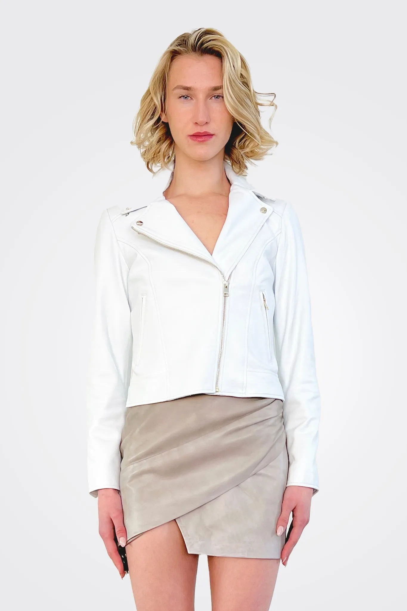 Kelsey Leather Biker Jacket - White