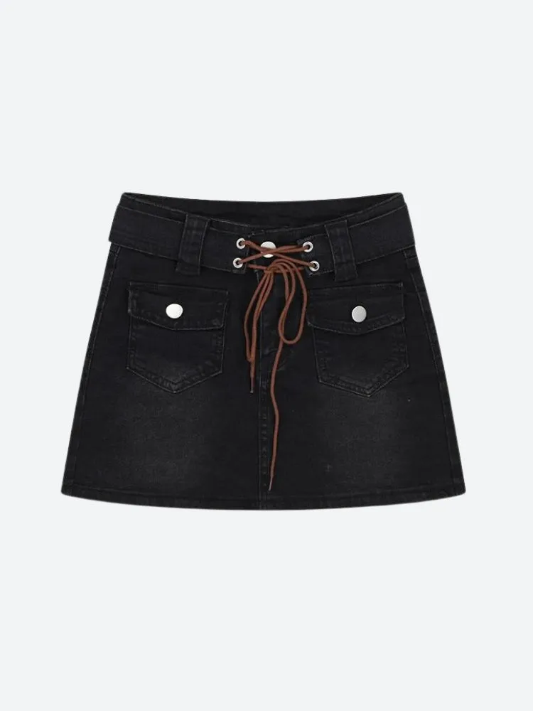 Lace Up Belted Denim Mini Skort