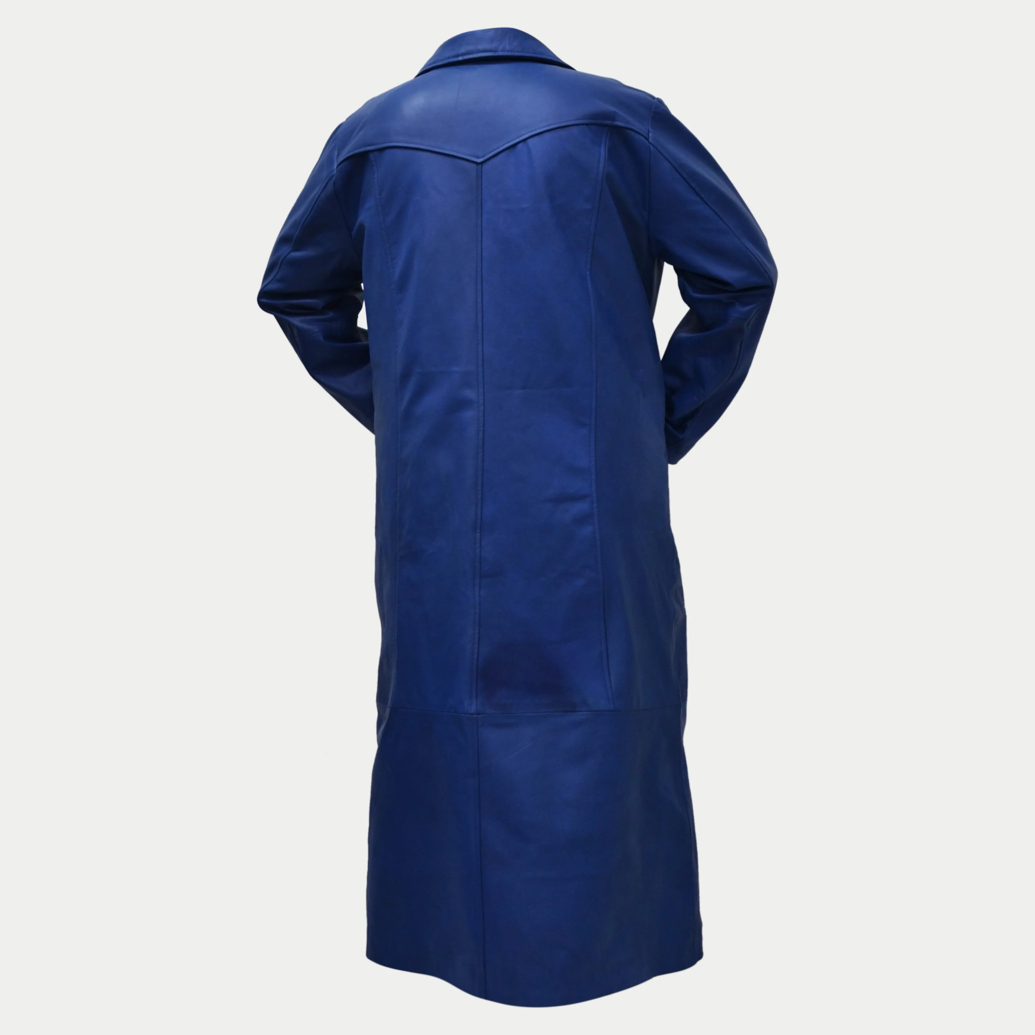 Men's Blue Long Genuine Leather Buttoned Casual Trench Coat