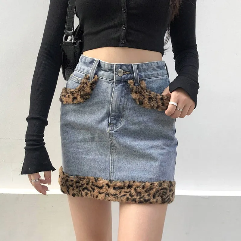 Patchwork Furry Leopard High Waist Jeans Skirt Women Casual Mini Skirt