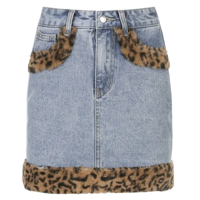 Patchwork Furry Leopard High Waist Jeans Skirt Women Casual Mini Skirt