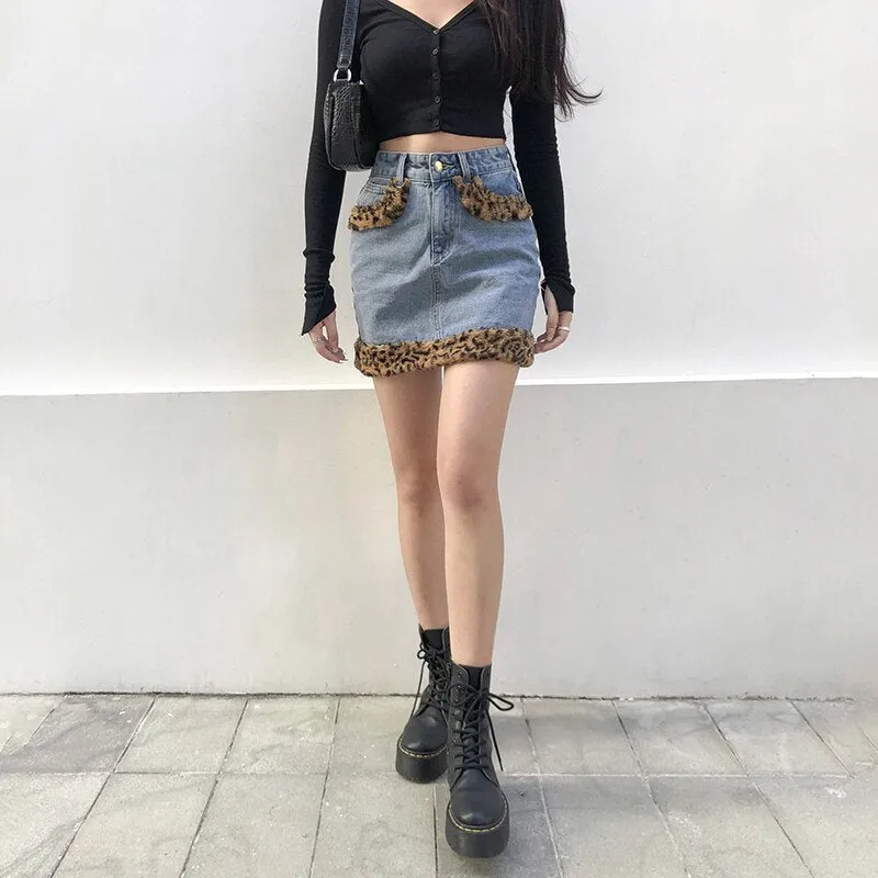 Patchwork Furry Leopard High Waist Jeans Skirt Women Casual Mini Skirt