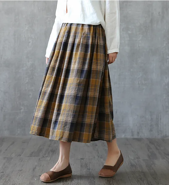 Plaid Casual Cotton linen loose fitting Women's Skirts  DZA2005264