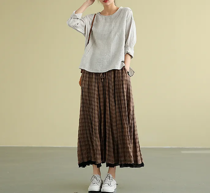 Plaid Casual Cotton Linen loose fitting Women's Skirts DZA2007211