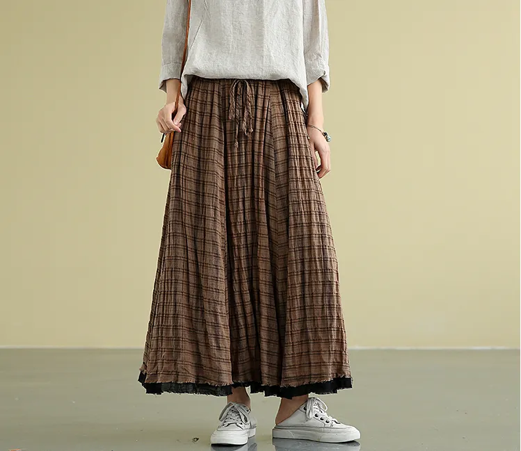 Plaid Casual Cotton Linen loose fitting Women's Skirts DZA2007211