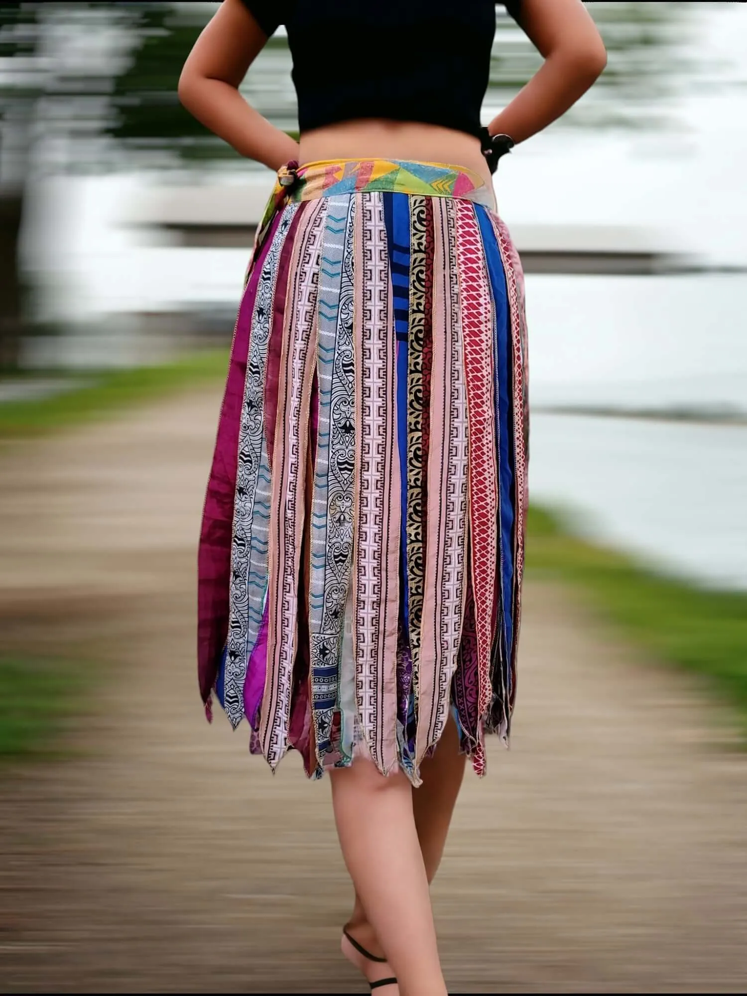 Recycled Silk Sari Wrap Around Skirt Bohemian Fashion Casual Wear Hippy Multicolour Gypsy Long Skirts Free Size 2 Pieces