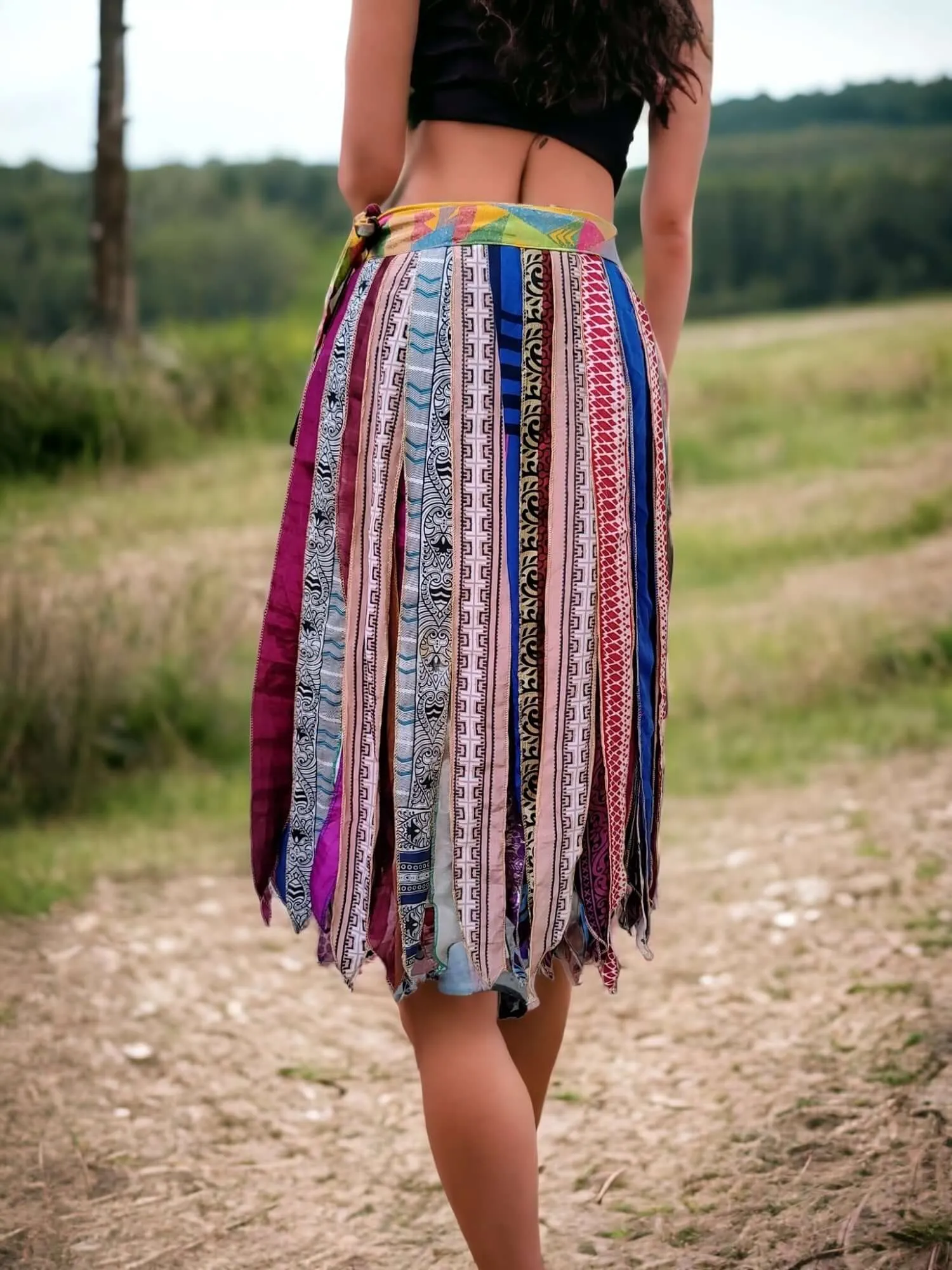 Recycled Silk Sari Wrap Around Skirt Bohemian Fashion Casual Wear Hippy Multicolour Gypsy Long Skirts Free Size 2 Pieces