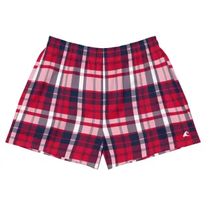 Red, White and Navy Blue Preppy Plaid Women's Athletic Swim Shorts