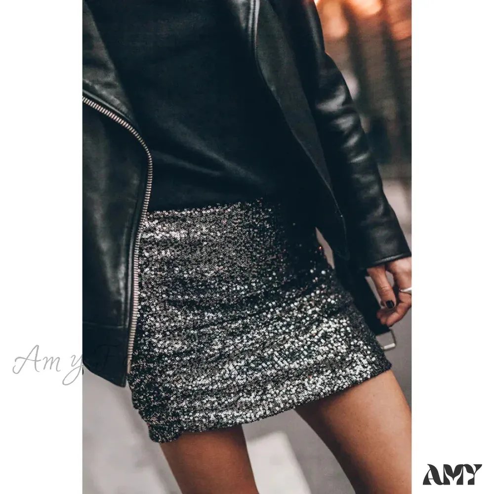 Sequin Pleated Party INS Casual Fashion Zipper ed Skirt