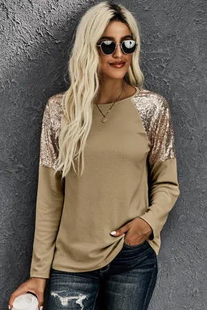 Sequin Shoulder Long Sleeve Top