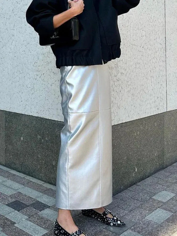 Street Waist Casual High Loose Splice Long Solid PU Maxi Skirt