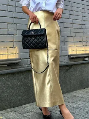 Street Waist Casual High Loose Splice Long Solid PU Maxi Skirt