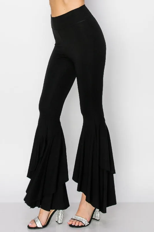 Vocal Swirl Ruffle Bell Bottom Leggings - Black