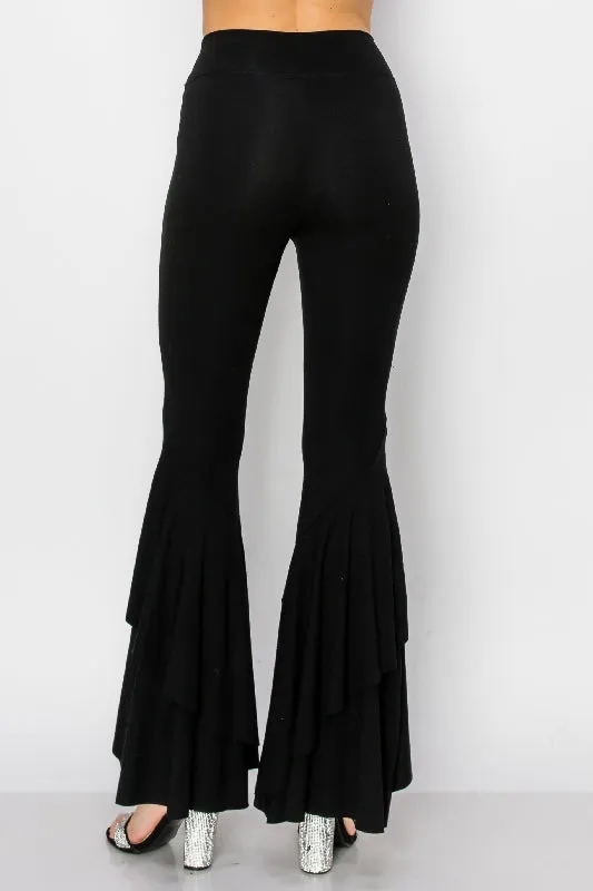 Vocal Swirl Ruffle Bell Bottom Leggings - Black