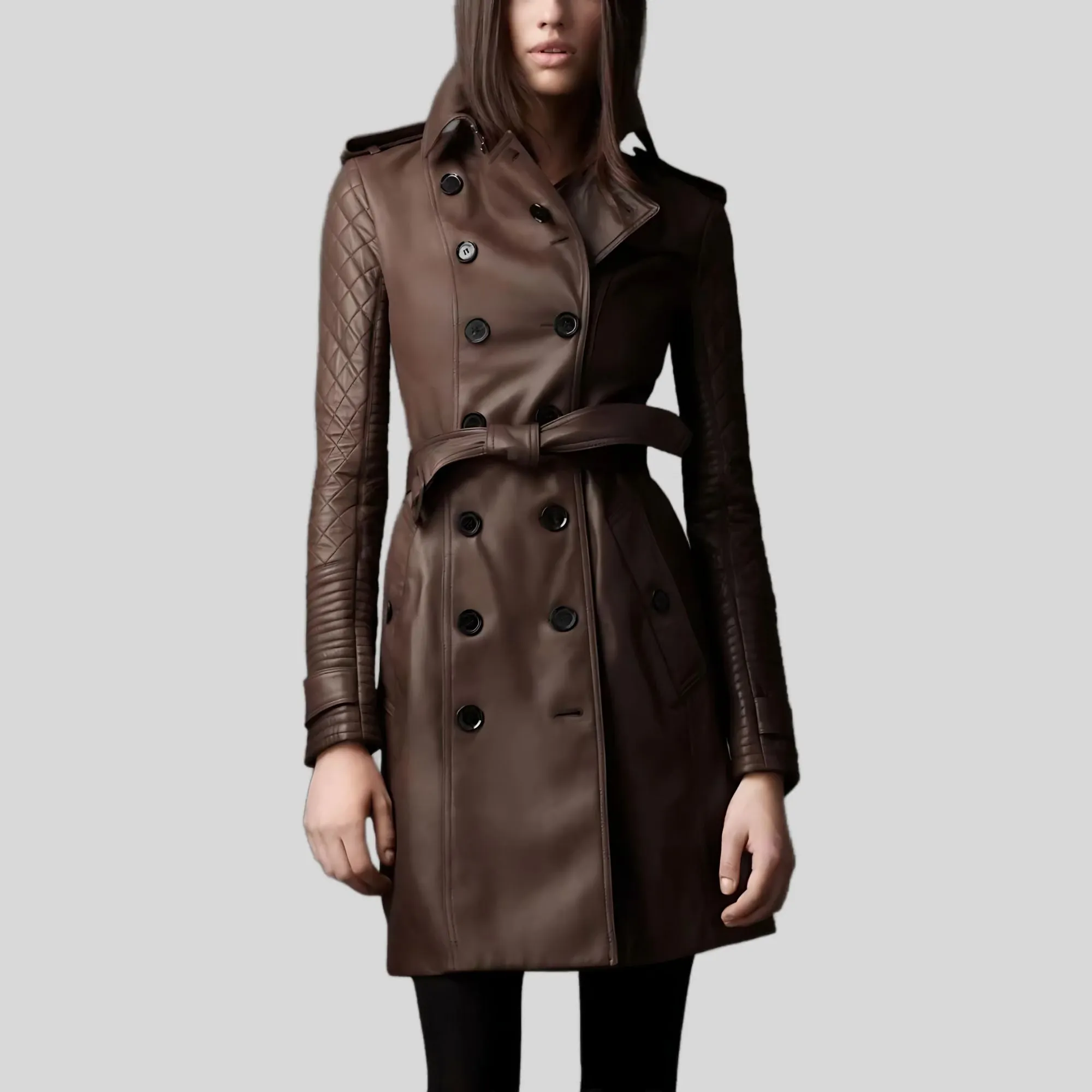 Women's Double-Breasted brown Quilted Genuine Leather Belted Overcoat