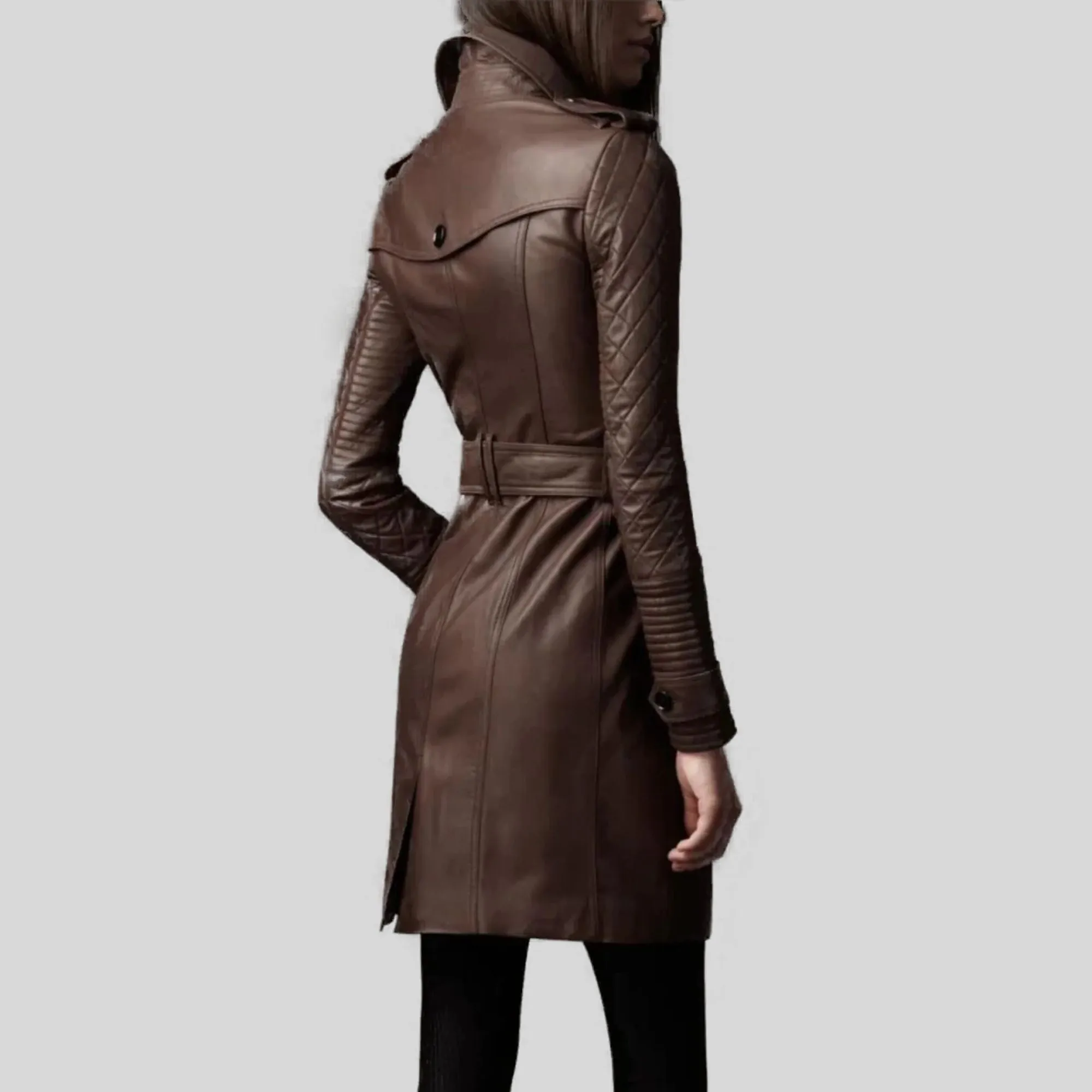 Women's Double-Breasted brown Quilted Genuine Leather Belted Overcoat