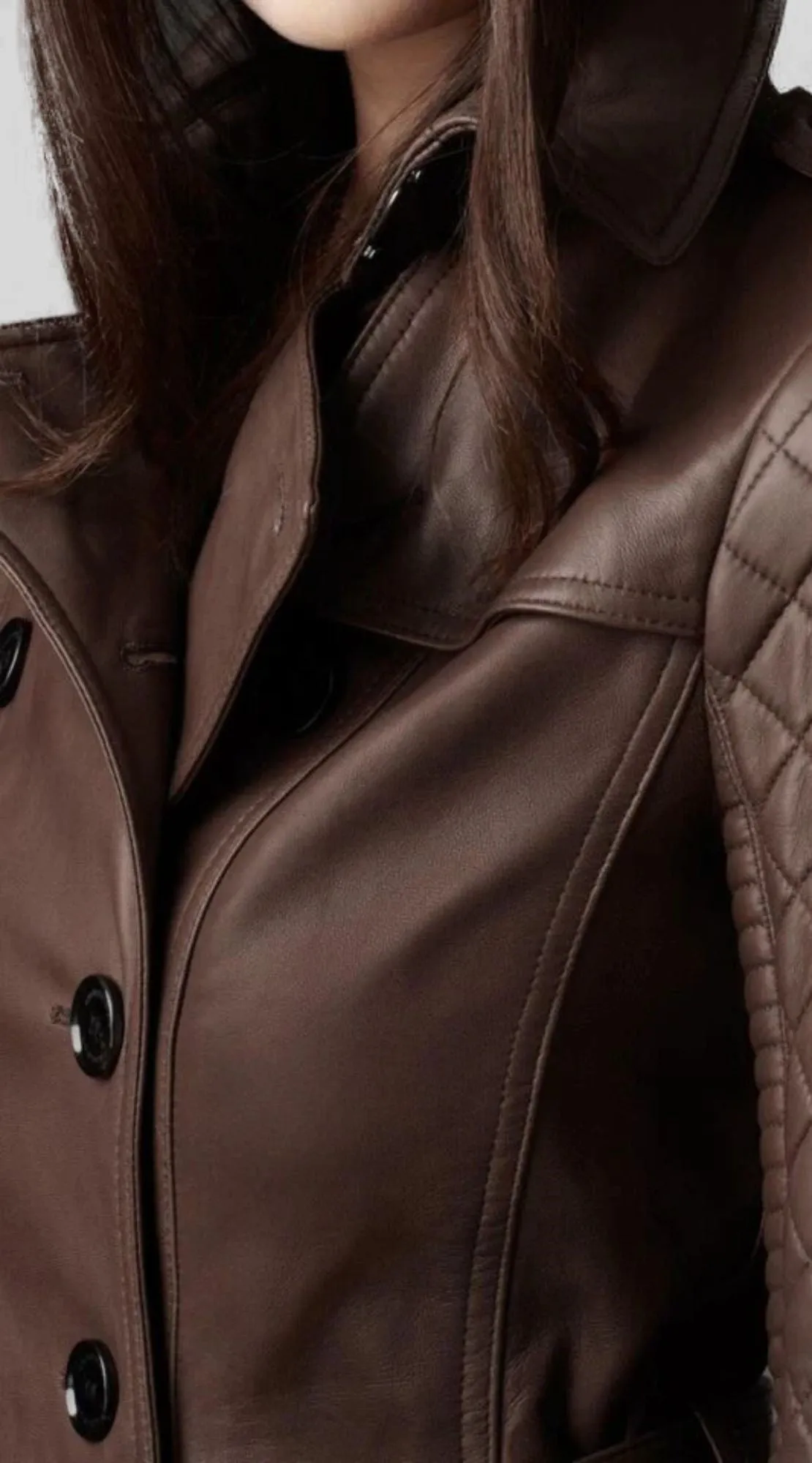 Women's Double-Breasted brown Quilted Genuine Leather Belted Overcoat