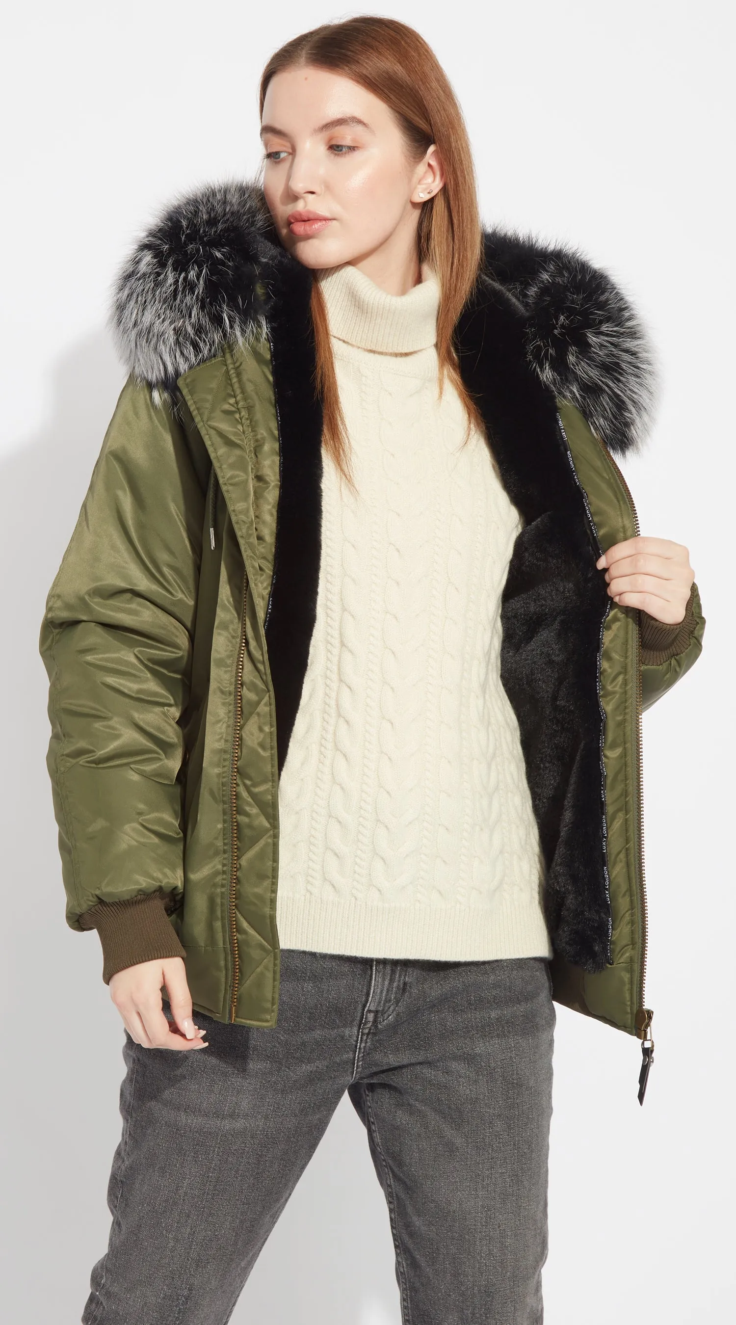 Womens Khaki Water-Repellent Luxy Fur Parka - Black Mist