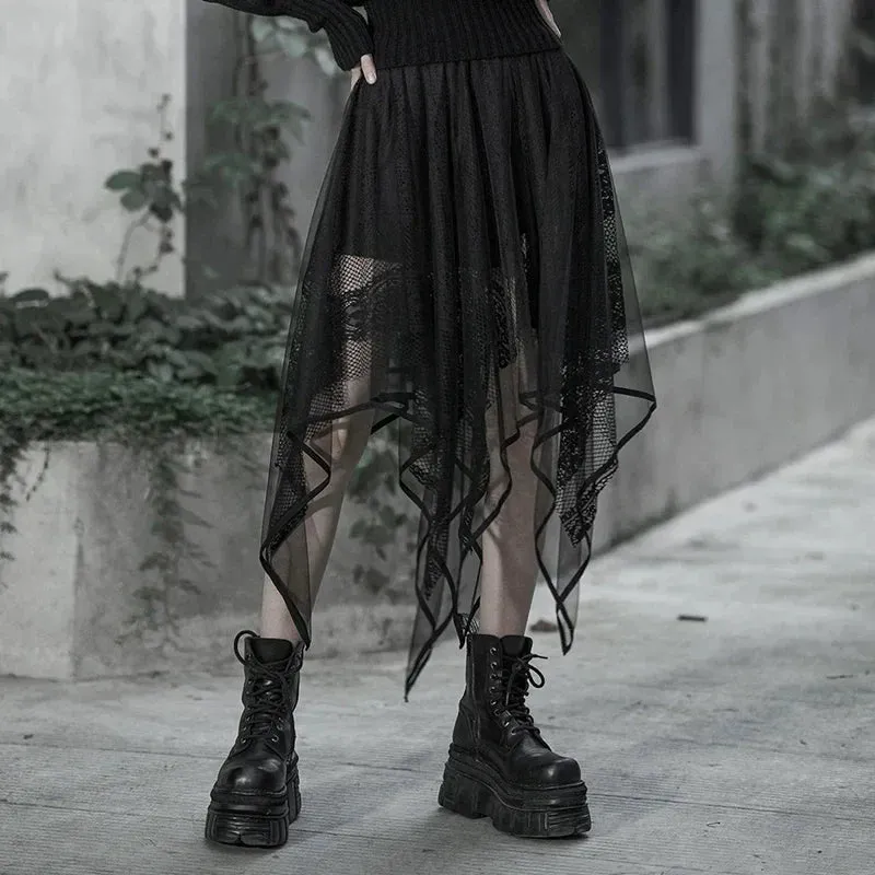 Women's Lace Out Gothic Irregular Black Female Fashion Hollow Summer Mesh Skirt